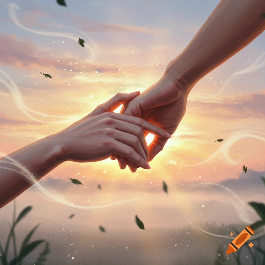 Two hands reaching towards each other against a vibrant sunset sky with light rays and floating leaves, in a painterly style.