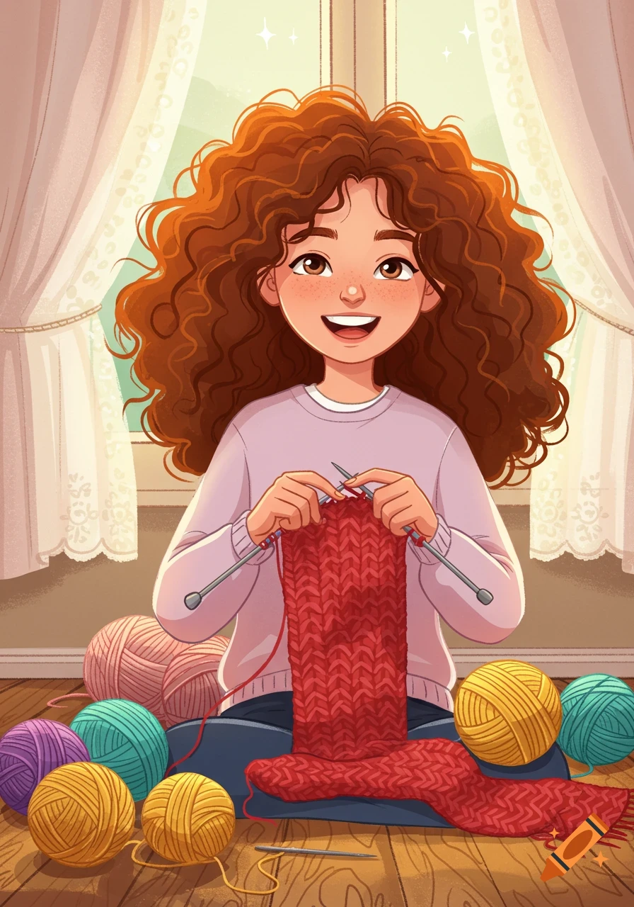 A smiling cartoon girl with curly brown hair knitting a red scarf, surrounded by colorful yarn balls in a cozy room.