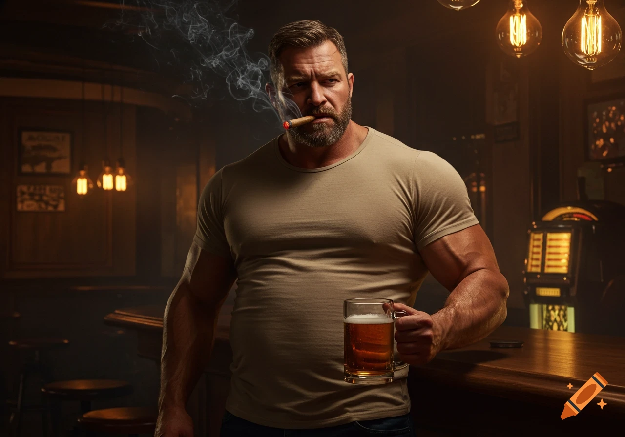 A muscular man with a beard and a beer gut smokes a cigar and holds a beer mug in a dimly lit bar.
