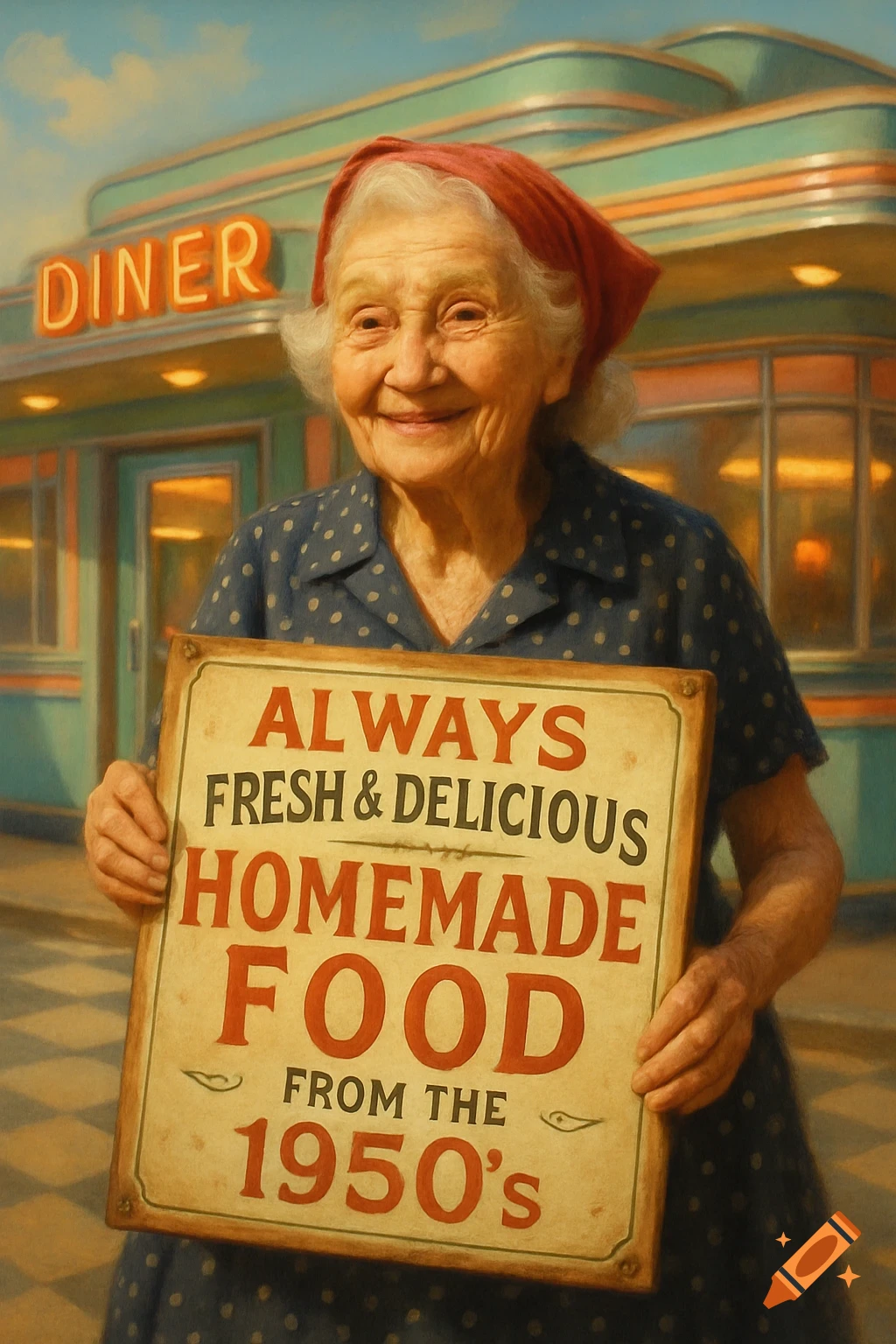 An elderly woman with a red headscarf smiles while holding a "Homemade Food from the 1950's" sign in front of a retro diner, in a painterly style.