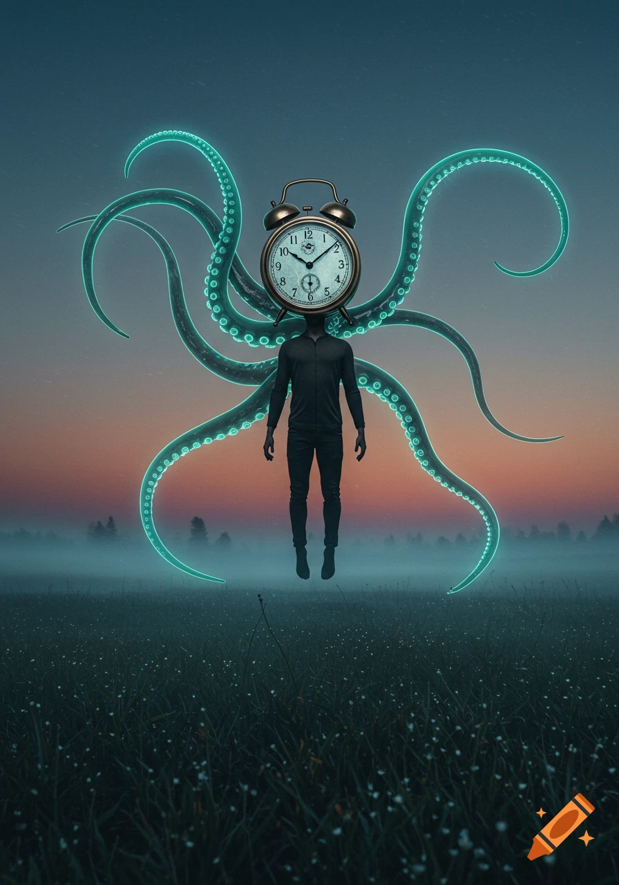 A surreal figure with an antique alarm clock for a head, and glowing blue octopus tentacles, floats over a misty field at sunset.