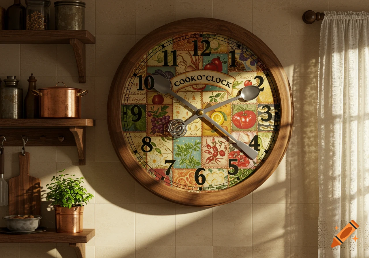 A rustic kitchen with a large wooden-framed clock on a tiled wall, labeled "COOKO'CLOCK", next to shelves with pots and jars, bathed in sunlight.