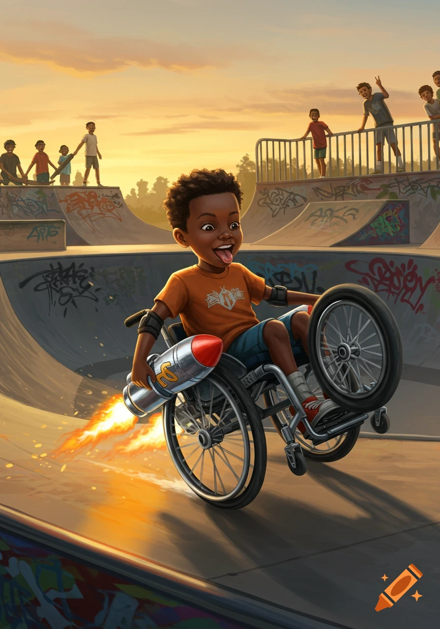 A joyful Black kid in a wheelchair with rockets does a wheelie at a vibrant skatepark at sunset, illustration style.