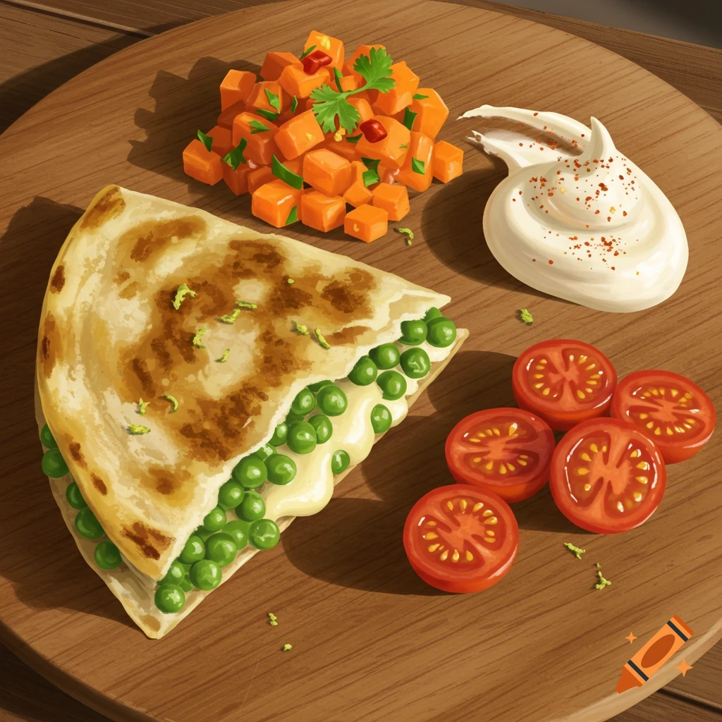 Top-down view of a pea quesadilla, diced carrot salsa, sliced tomatoes, and a dollop of sauce on a wooden board.