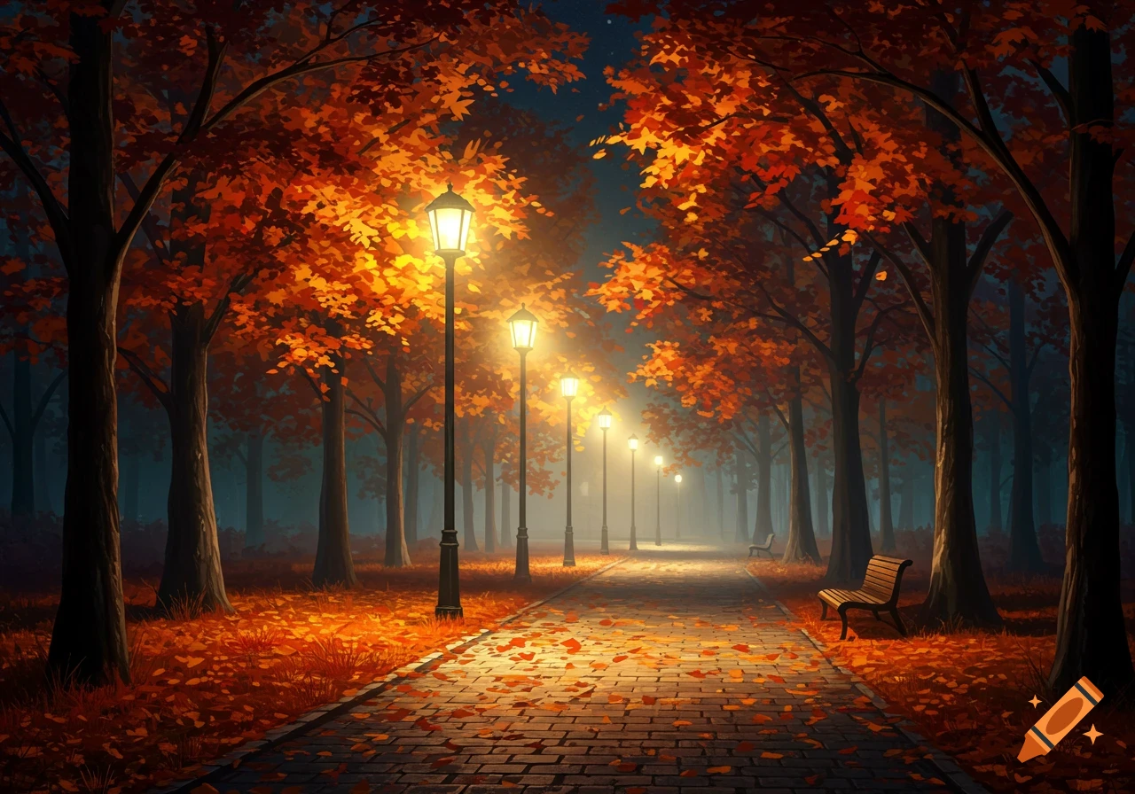 A vibrant autumn park path at night, lined with trees with glowing orange leaves and illuminated by multiple lampposts, creating a warm glow.