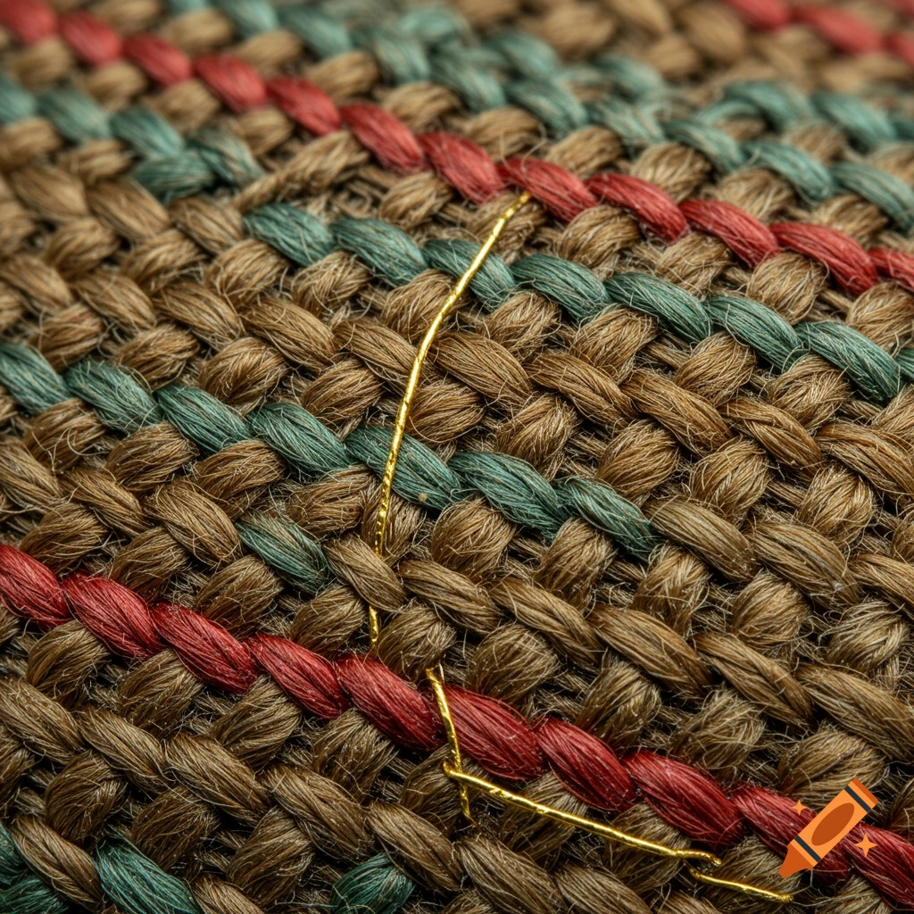 Close-up of a woven tapestry with brown, green, and red threads, and a thin gold thread shimmering.