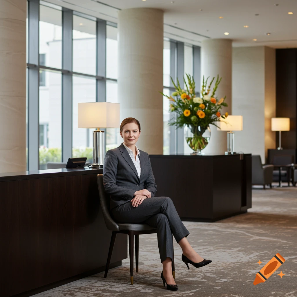 A professional woman in a grey suit sits in a chair in a modern hotel lobby, looking at the viewer.