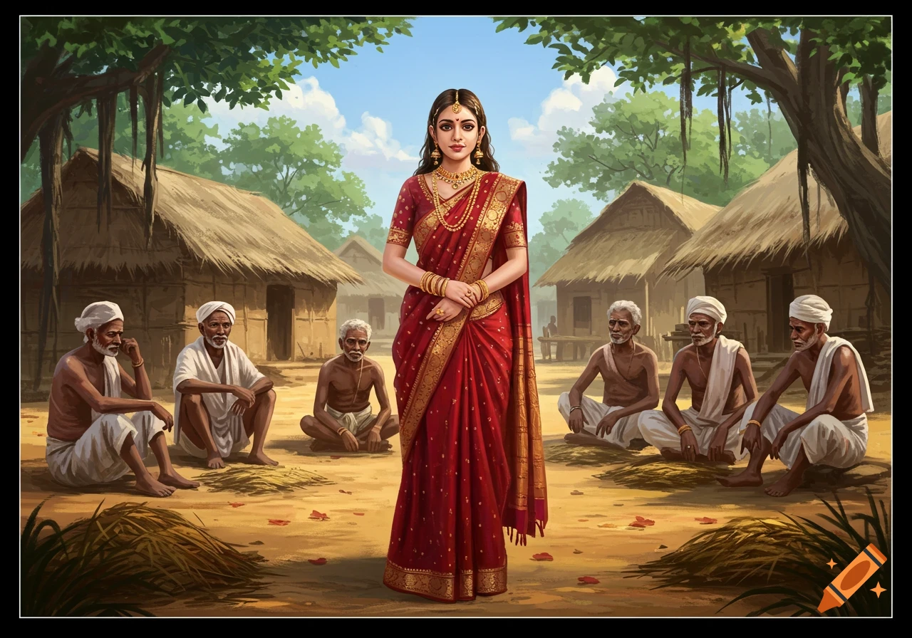 Illustrated depiction of a beautiful Indian woman in a red saree standing in a village, surrounded by old men and thatched huts.