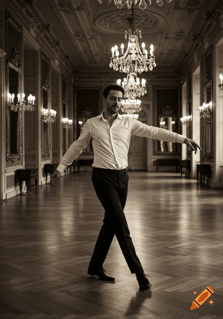 A man in a white shirt and black pants dances in a grand ballroom under chandeliers, sepia tone.