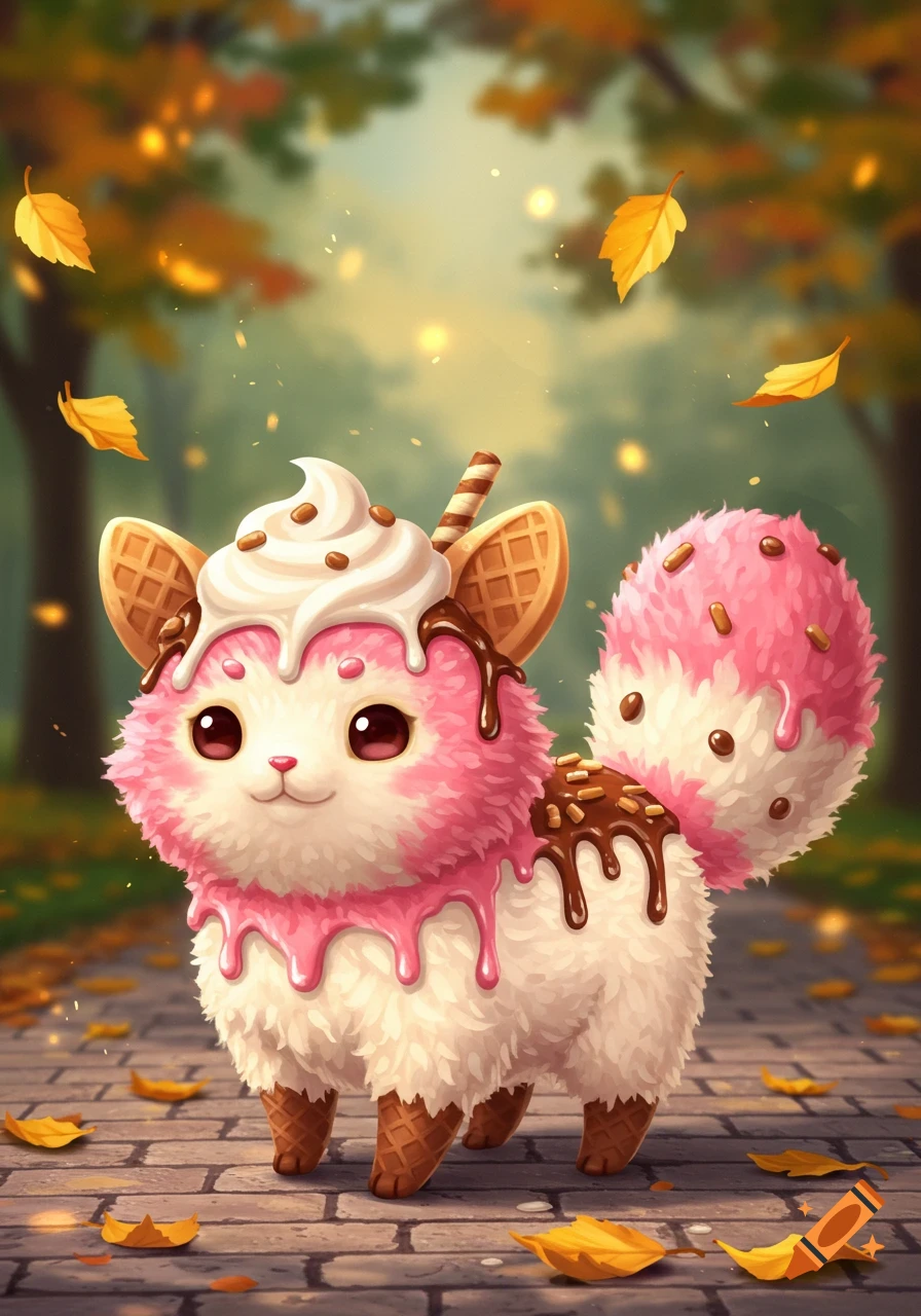 A cute, fluffy ice cream creature with pink and white fur, waffle cone ears and feet, topped with whipped cream, chocolate, and sprinkles, on an autumn path.