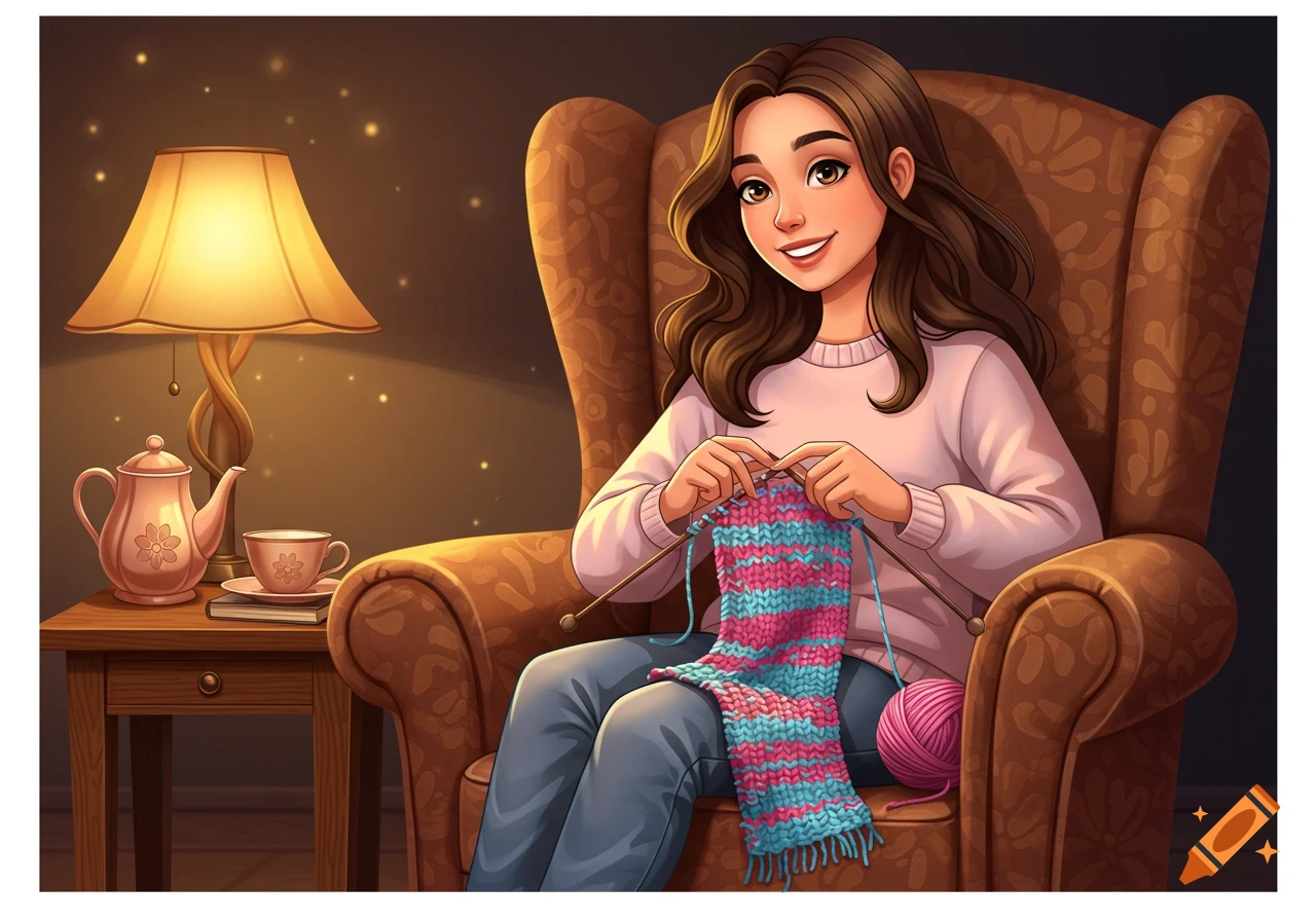 A smiling cartoon girl sits in an armchair, knitting a pink and blue striped scarf, with a warm lamp and teapot on a side table.