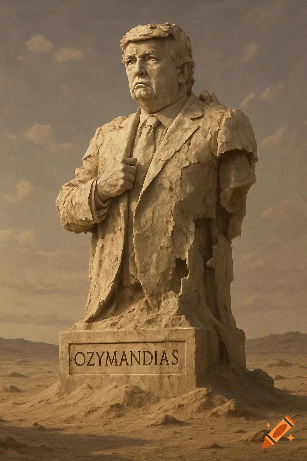 Crumbling stone bust of Donald Trump with 'OZYMANDIAS' on its base, standing in a vast desert under a cloudy sky.