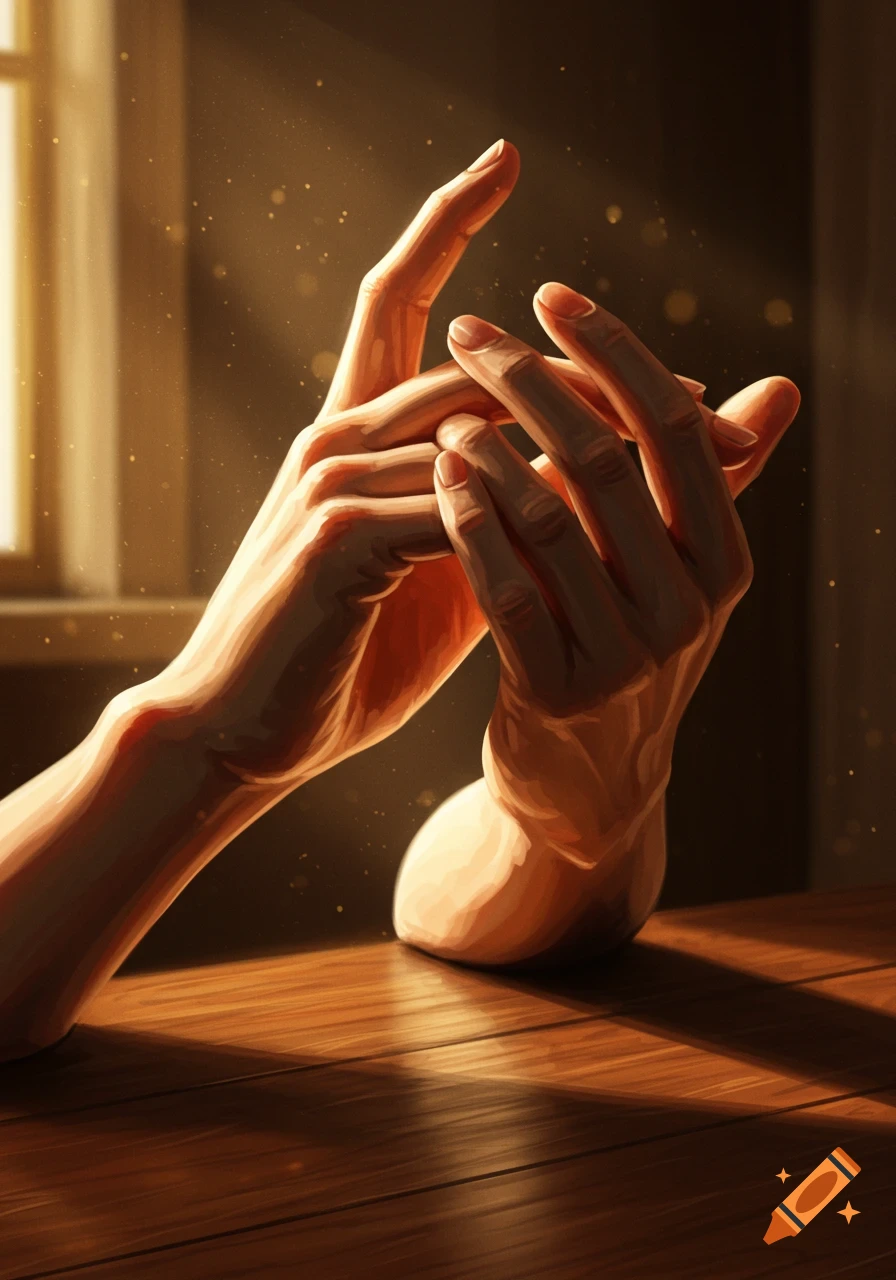 Close-up of two elegantly posed hands on a wooden table, bathed in golden sunlight filtering from a window.