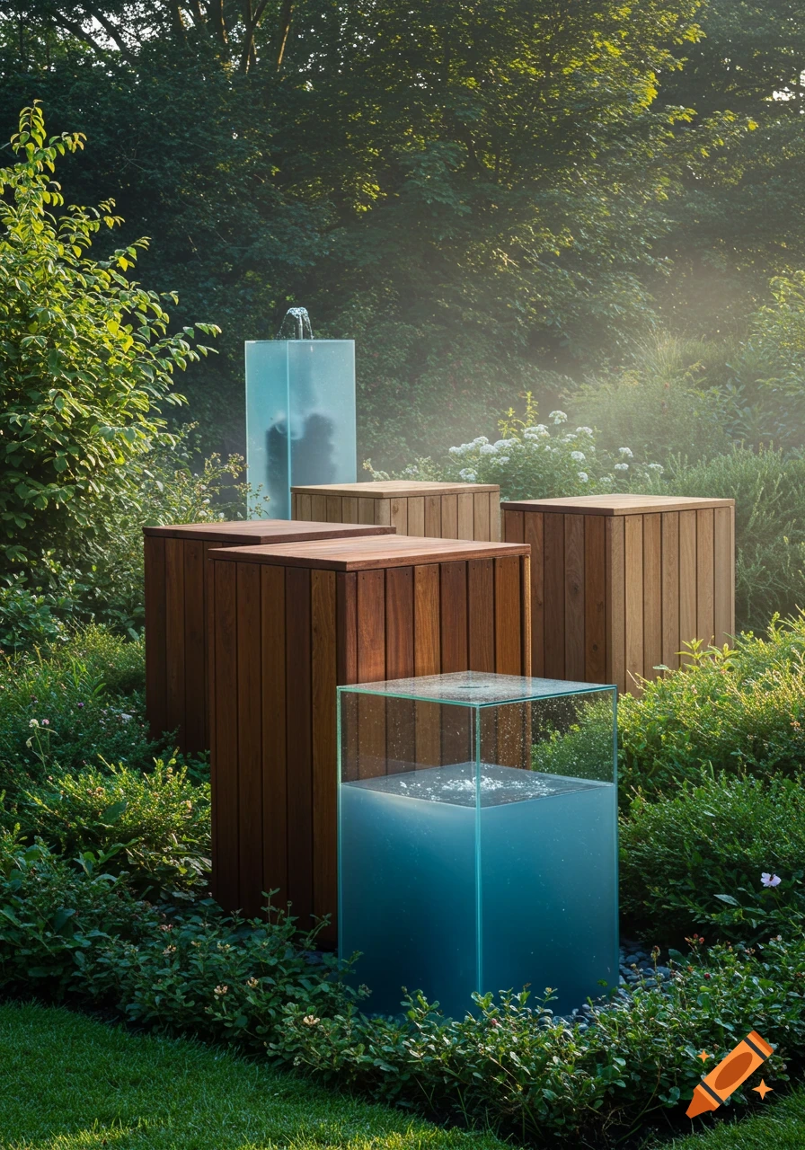 A modern garden with tall wooden planters and clear glass water features with bubbling water, surrounded by lush green foliage and soft sunlight.