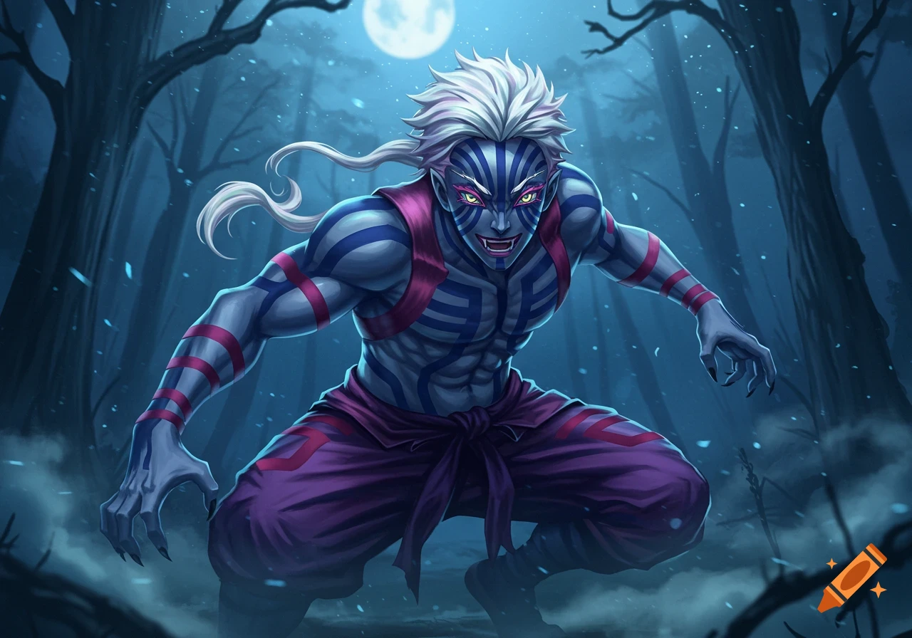 Akaza, a muscular demon with blue skin, red stripes, white hair, and glowing yellow eyes, crouches in a dark, moonlit forest.
