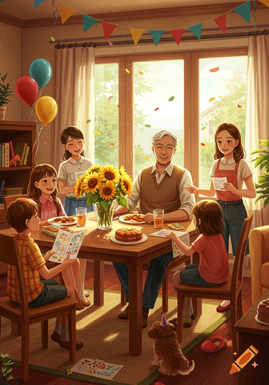 An illustration in an anime style of a multi-generational family celebrating around a dining table, with sunflowers and falling confetti.