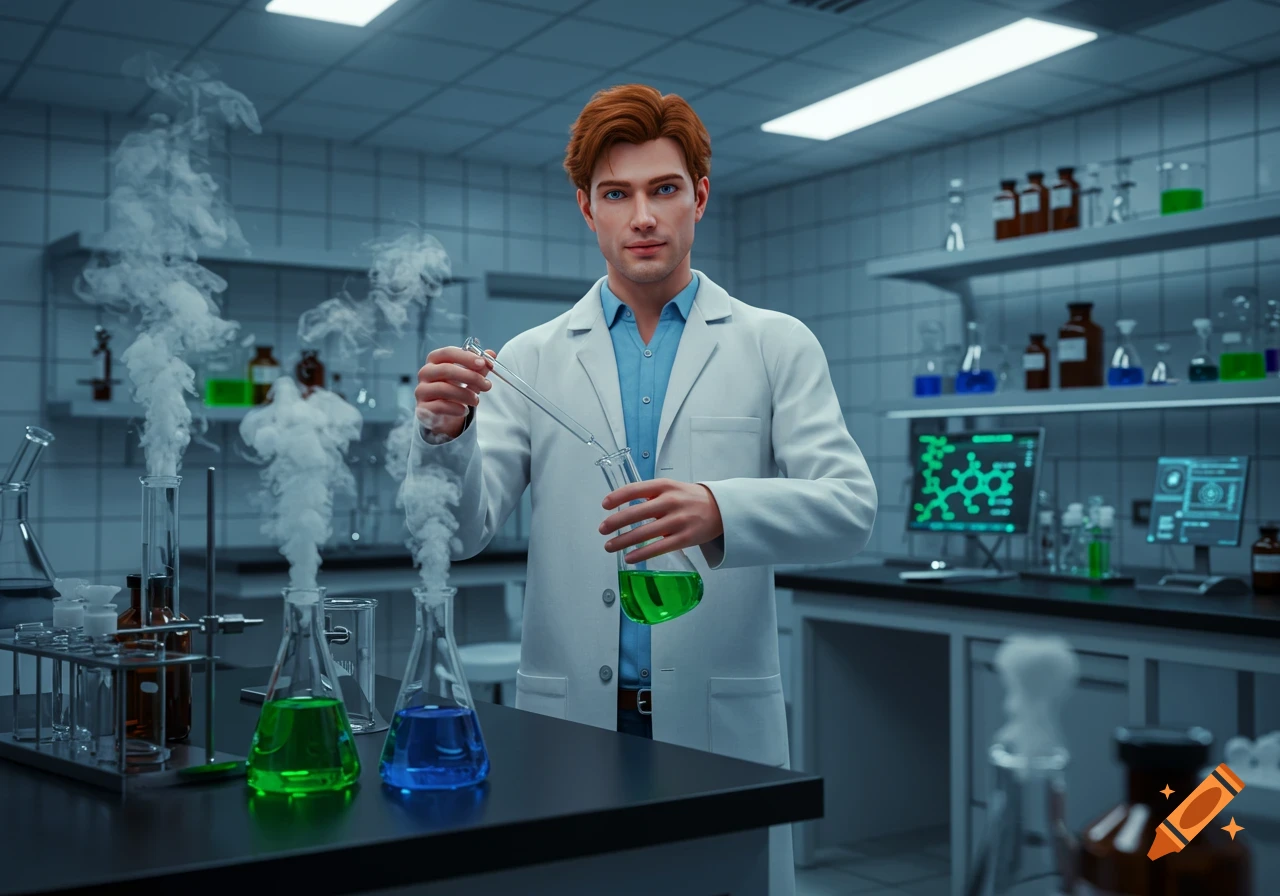A handsome male chemist in a white lab coat uses a pipette to mix green liquid in a beaker, with other colorful chemicals and smoking beakers in a modern laboratory.