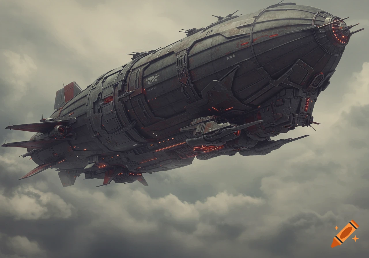 A massive dark grey sci-fi airship with red accents and a deep red glow flies through dark, cloudy skies.
