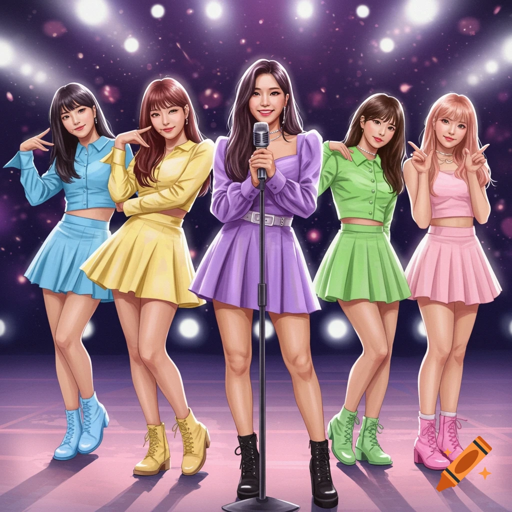 Five young K-Pop women in pastel dresses pose on a stage under spotlights, one holding a microphone, in an anime art style.