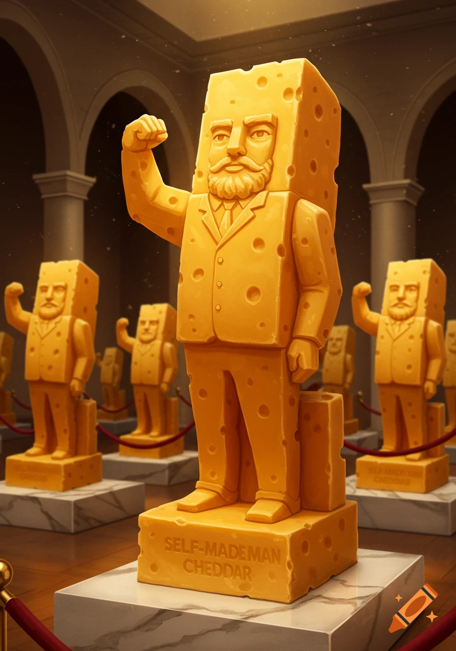 Photorealistic image of a cheddar cheese 'Self-Made Man' statue in a museum, surrounded by similar cheese sculptures.
