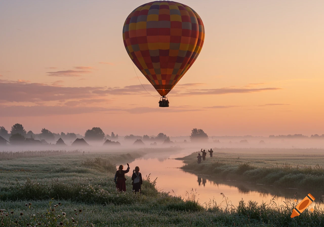 A colorful hot air balloon floats above a misty landscape with a winding river at sunrise, as people on the bank wave.