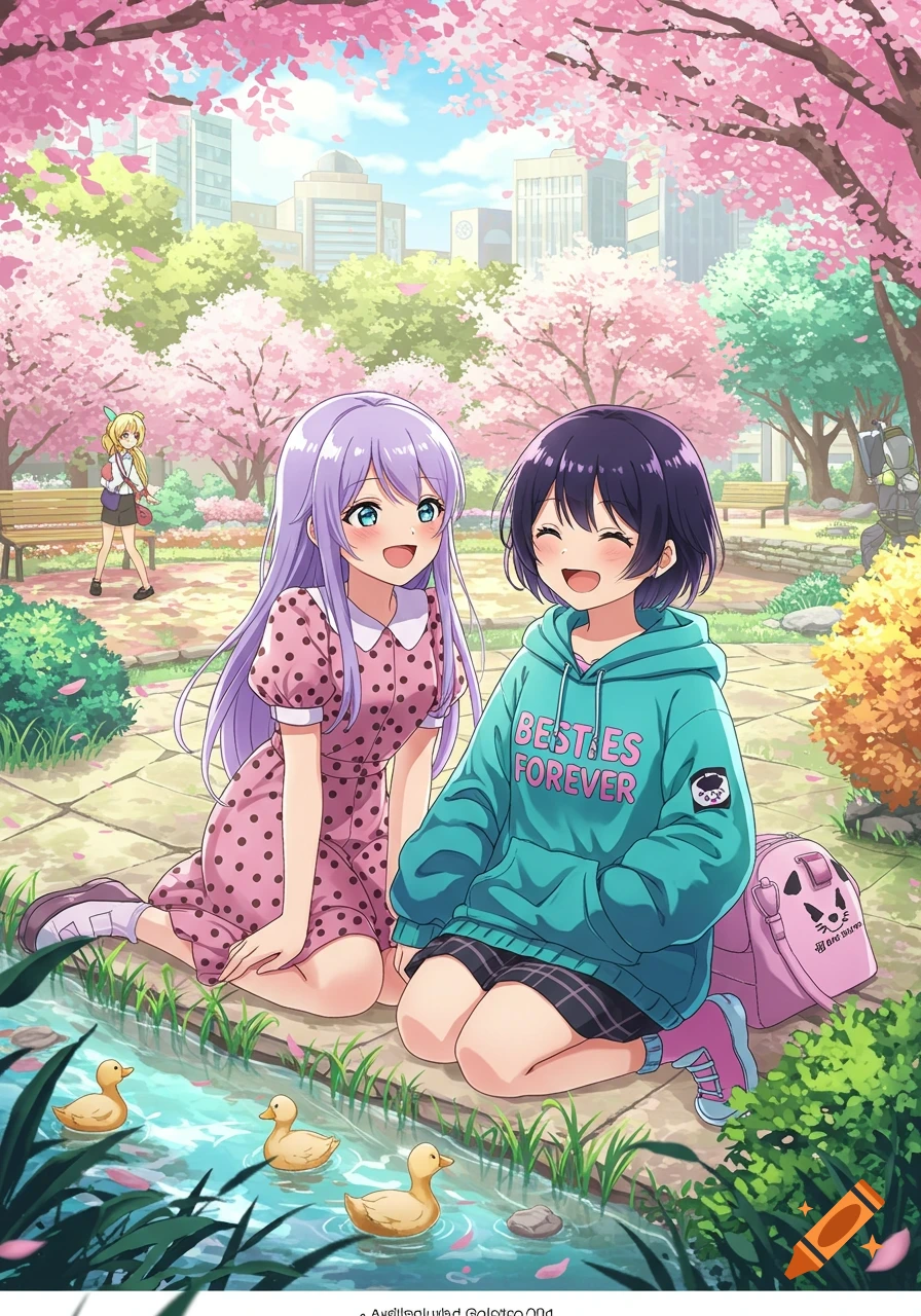 Two anime girls sit by a stream with rubber ducks, surrounded by cherry blossom trees in a city park. One wears a pink polka dot dress, the other a teal hoodie that reads "BESTIES FOREVER".