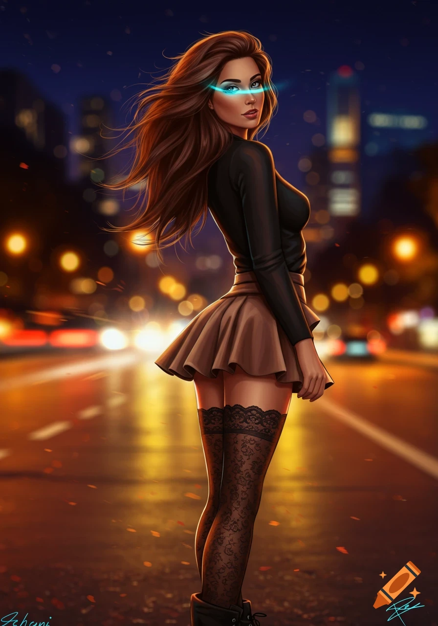 A digital painting of a woman in a short skirt and stockings with glowing blue eyes on a city street at night.