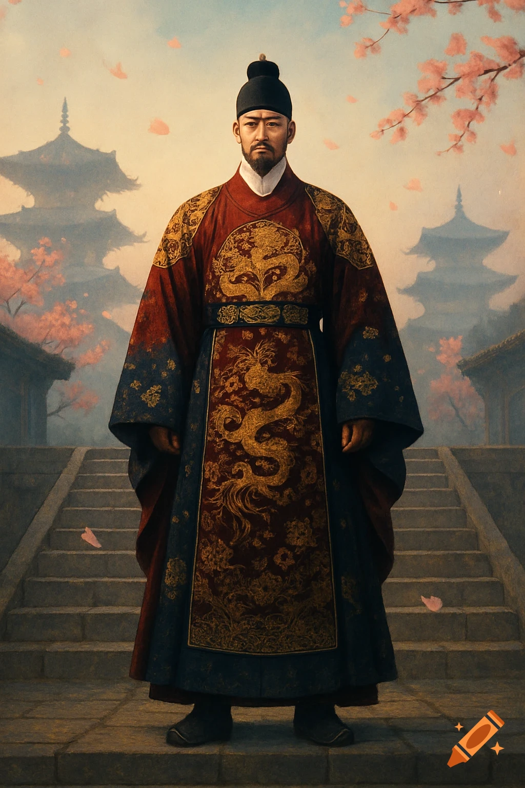 A man in ornate red and blue traditional robes with dragon patterns stands on stone steps before pagodas and cherry blossoms.