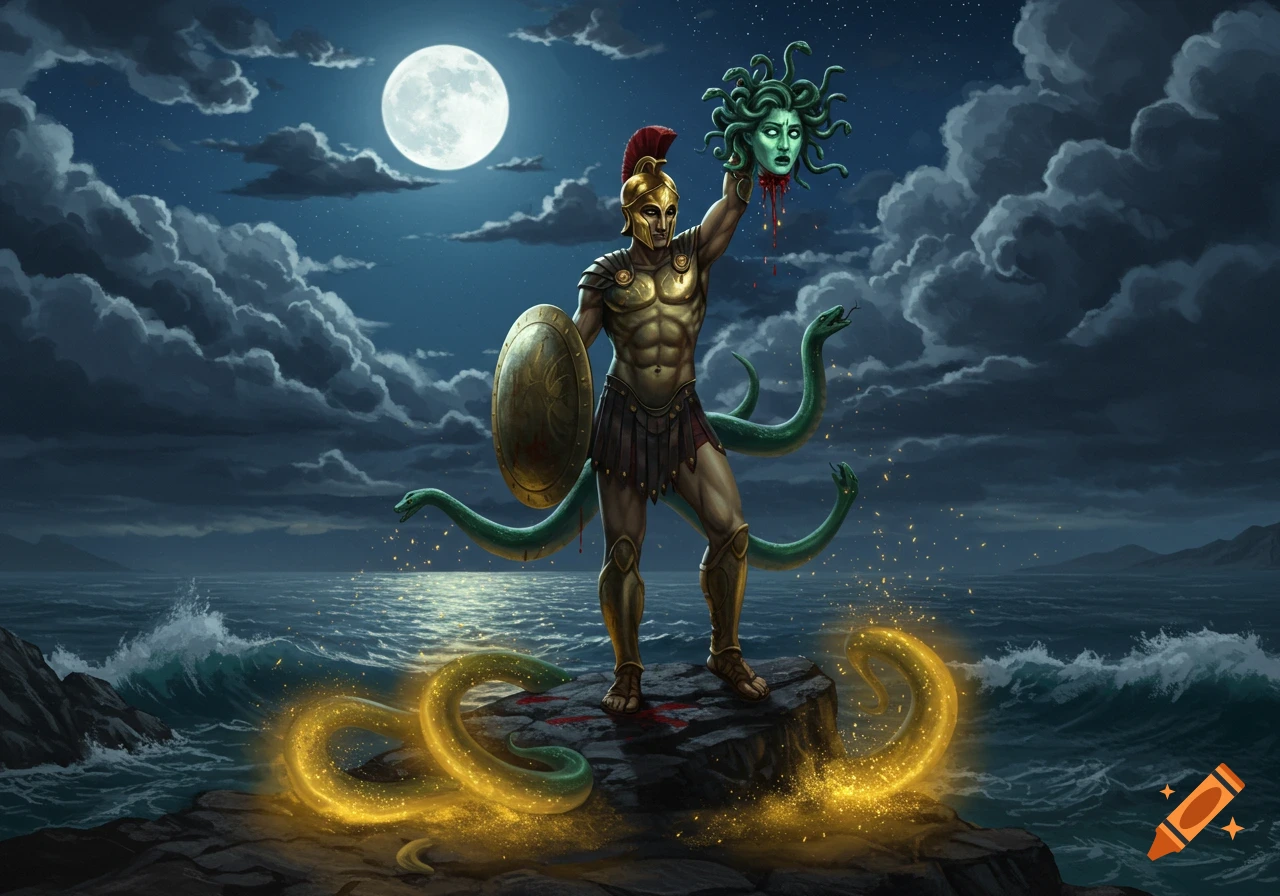 A stylized illustration of the Greek hero Perseus, in armor, holding Medusa's severed head with snakes and blood, standing on a rock by a stormy sea under a full moon.