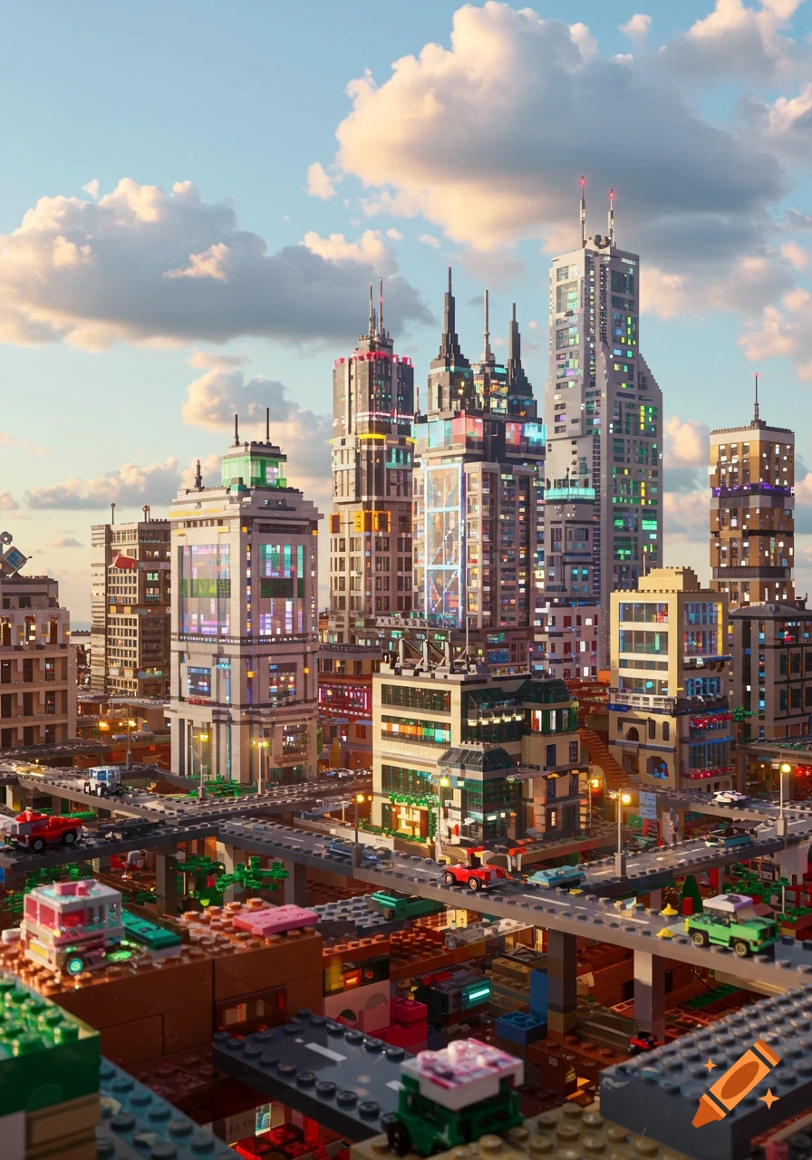 A vibrant LEGO brick cityscape with skyscrapers, bridges, and tiny cars under a partly cloudy sky.