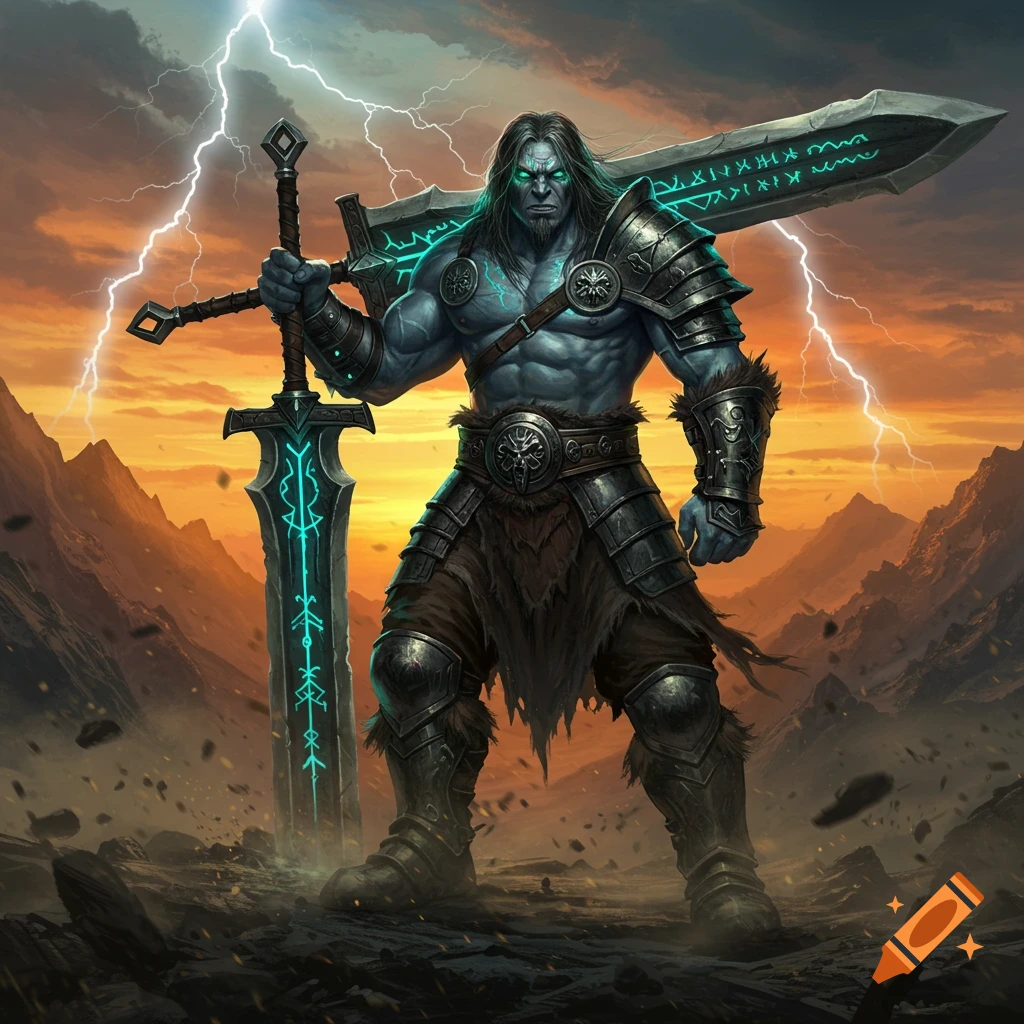 A massive, blue-gray skinned barbarian with long dark hair and piercing green eyes stands heroically, holding a colossal glowing greatsword. He wears rugged armor, and lightning strikes in the stormy, sunset mountain background.