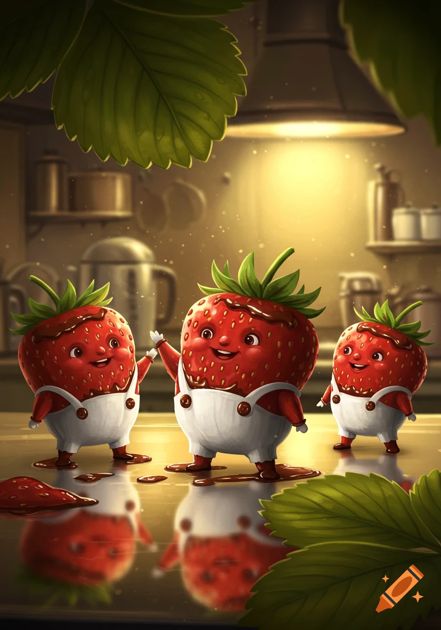 Three happy cartoon strawberries wearing white overalls and chocolate, standing on a reflective kitchen counter.
