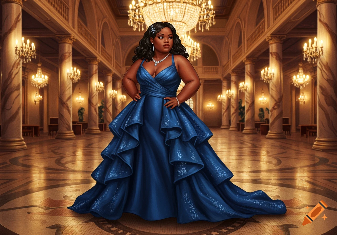 A confident Black woman with dark wavy hair in a shimmering blue ball gown stands in a grand, chandelier-lit ballroom.