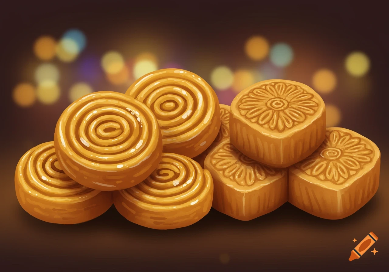 A digital painting of golden spiral Zolbia and square Bamieh sweets on a dark background with blurred festive lights.