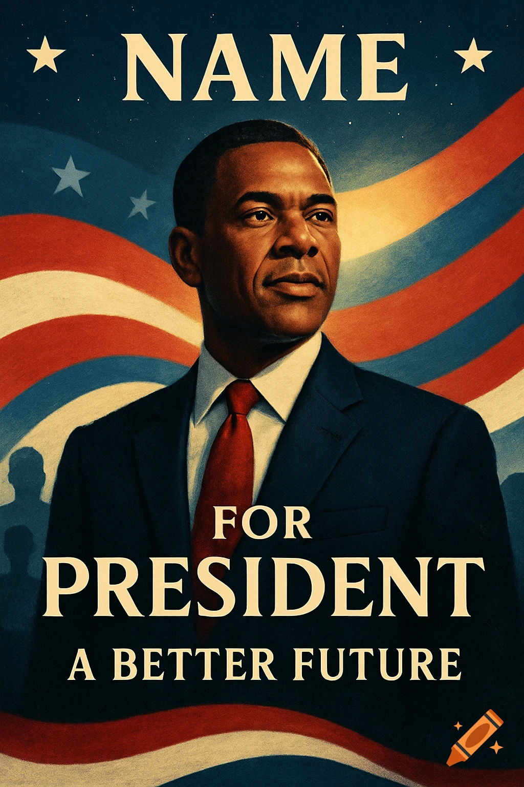 A man on a vintage-style presidential campaign poster with an American flag background and text NAME FOR PRESIDENT A BETTER FUTURE.