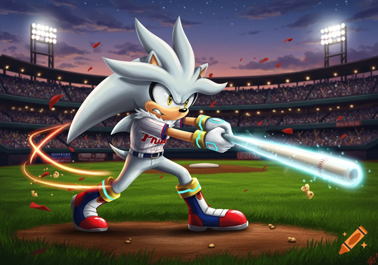 Silver the Hedgehog, a silver-furred character, swings a glowing baseball bat on a stadium field at dusk. He wears a pinstriped uniform.