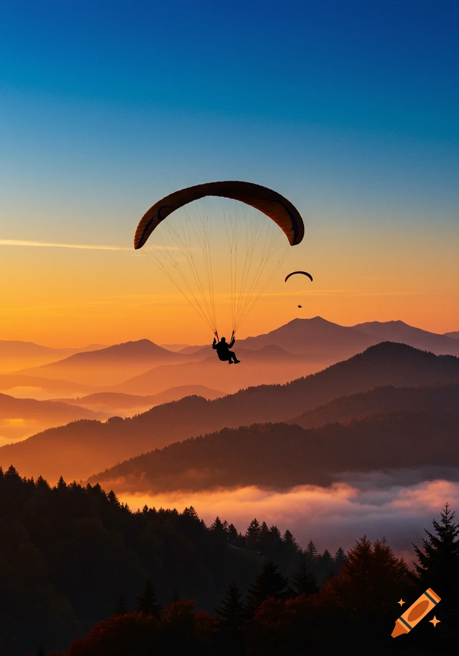 Silhouette of a paraglider flying over misty mountains during a vibrant orange and blue sunrise.