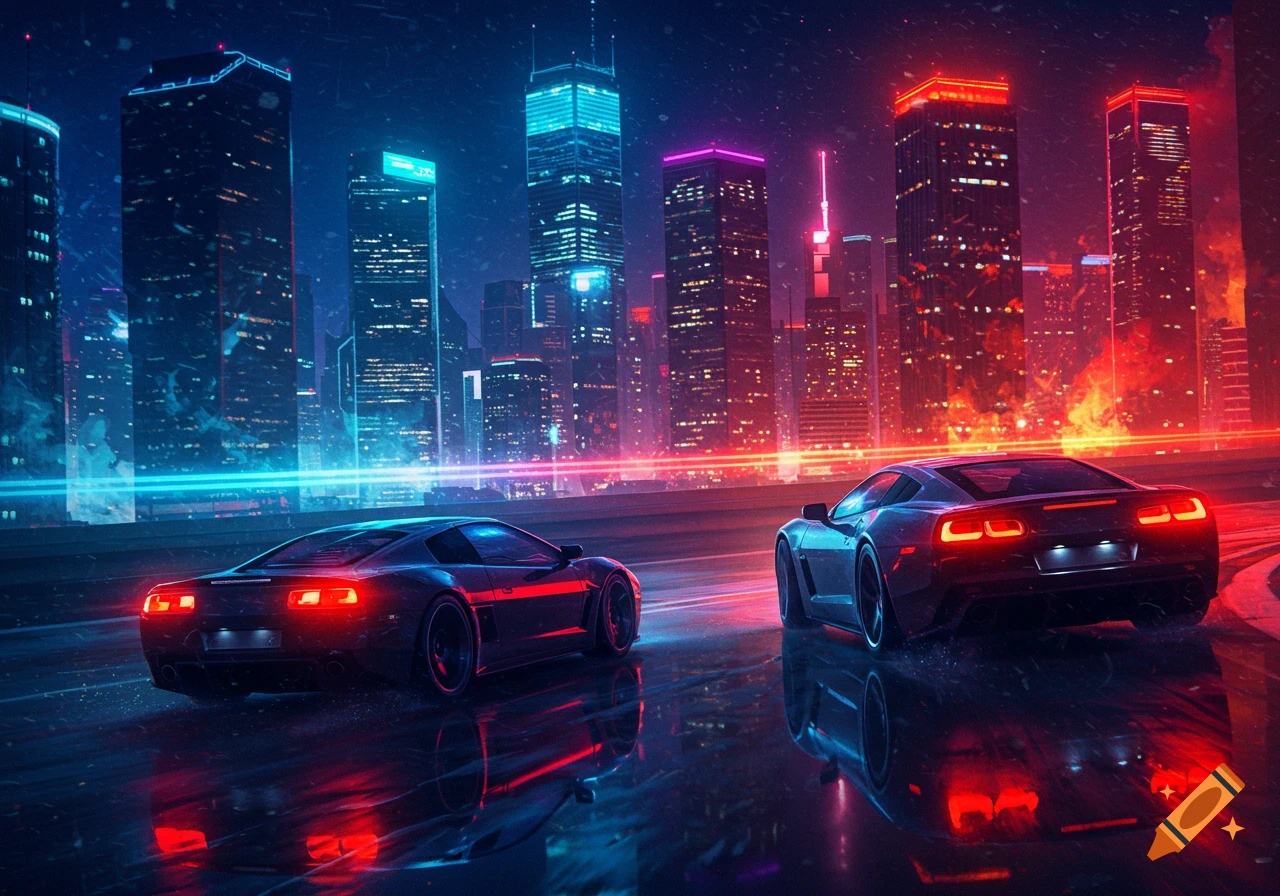 Two futuristic sports cars with glowing taillights reflected on a wet road, set against a neon-lit cyberpunk city at night.