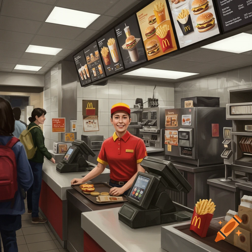 A friendly fast-food worker in a red polo shirt and yellow hat smiles behind a counter, holding a tray with food. Menu boards are visible in the background.