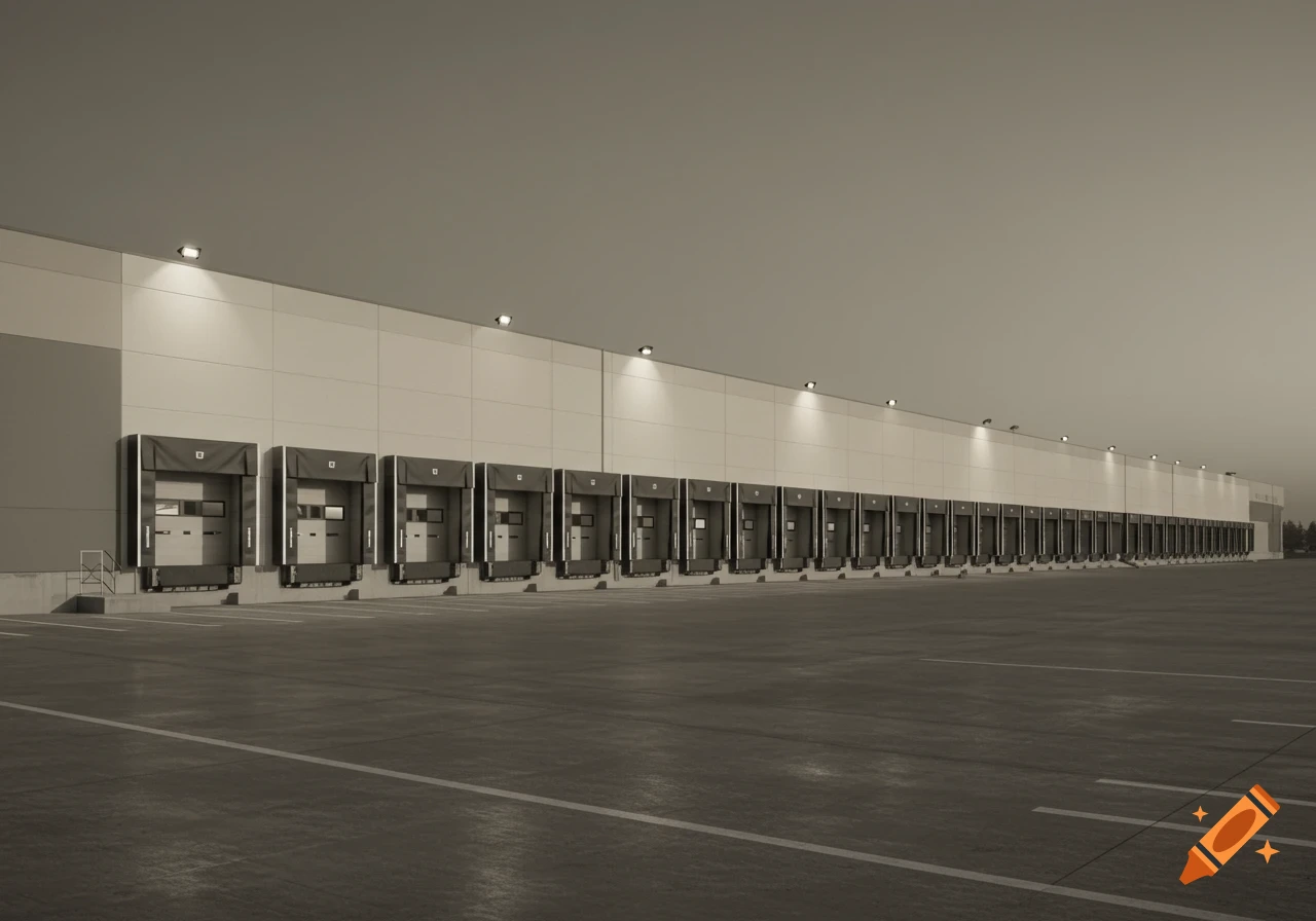 Photorealistic sepia-toned image of a long modern warehouse building with many loading dock doors and a large empty paved lot.