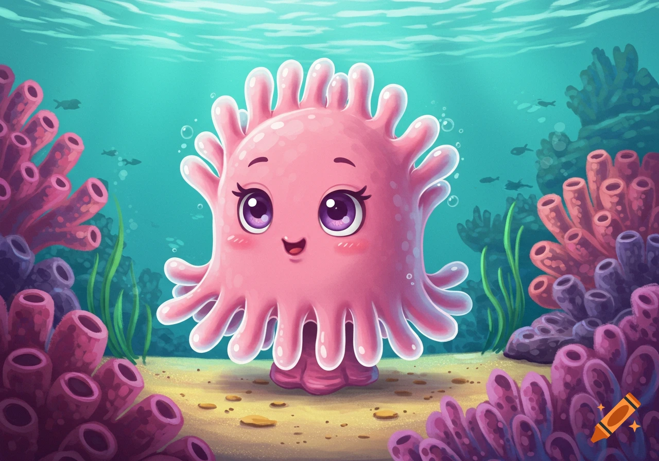 A cute, cartoon-style pink sea creature with large purple eyes smiles underwater, surrounded by vibrant coral.