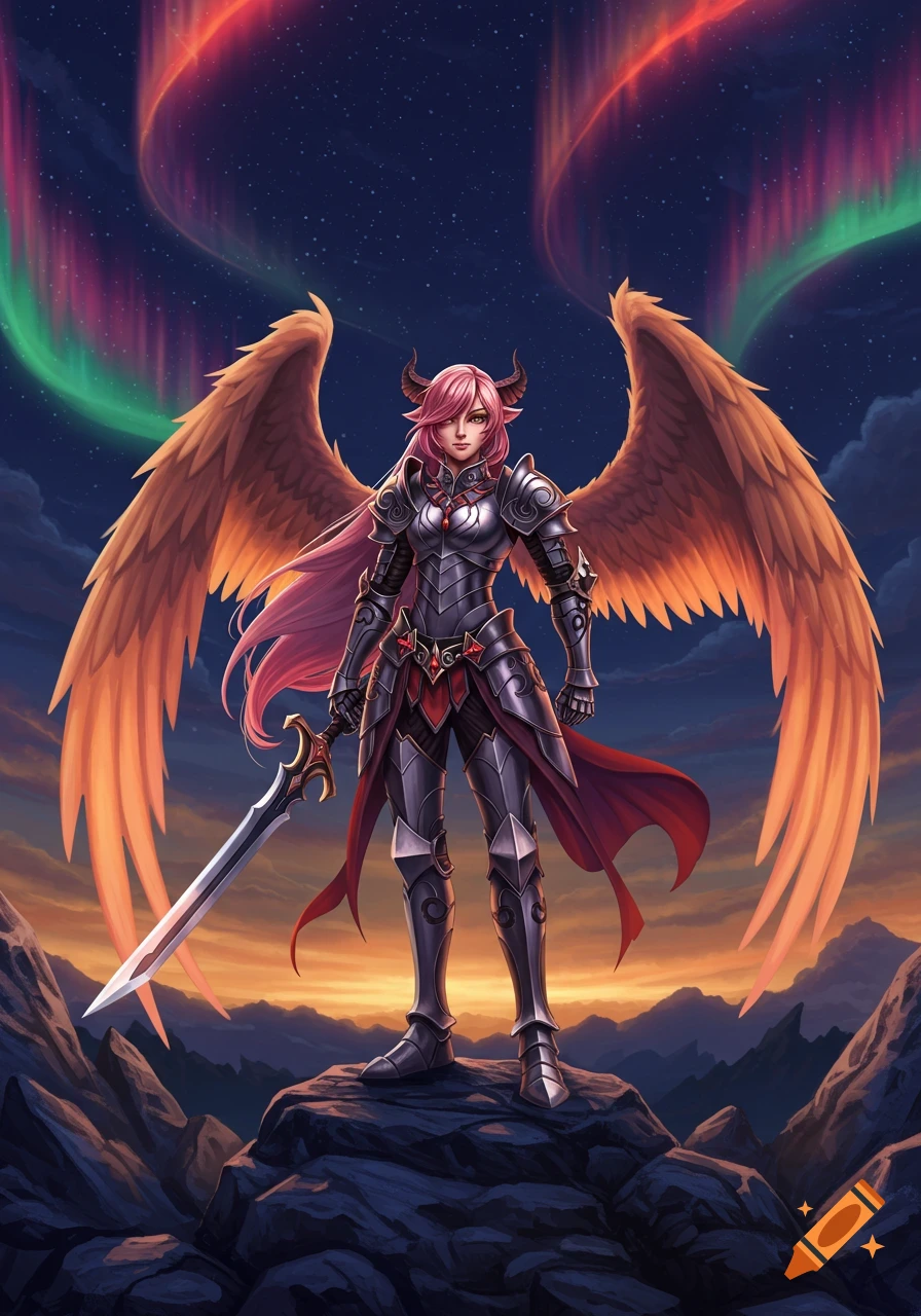 A pink-haired female warrior with horns and large wings stands in full ...