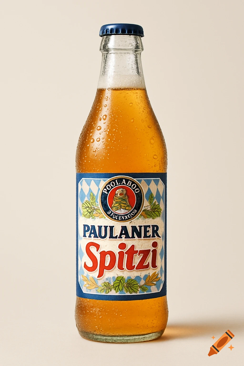 Photorealistic image of a sweating Paulaner Spitzi bottle with a blue cap and a blue and white label.