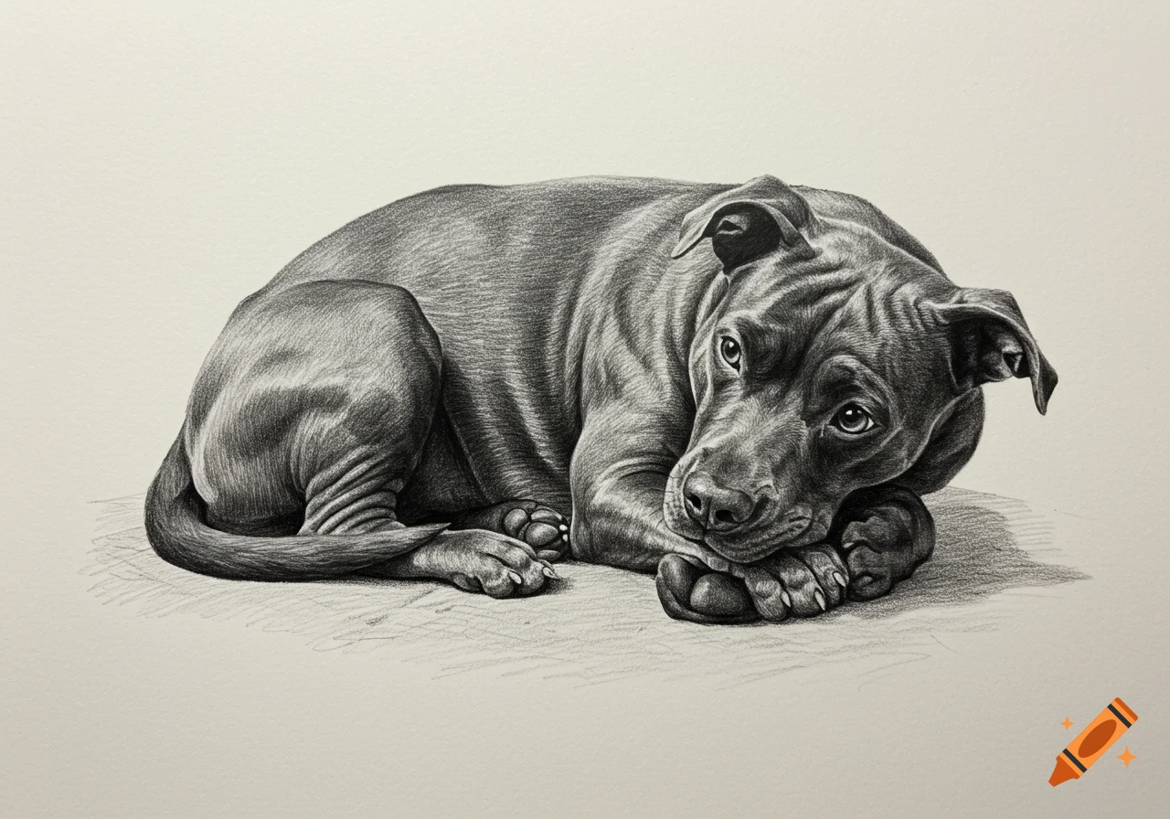 A realistic black and white pencil drawing of a puppy lying curled up, looking towards the viewer.