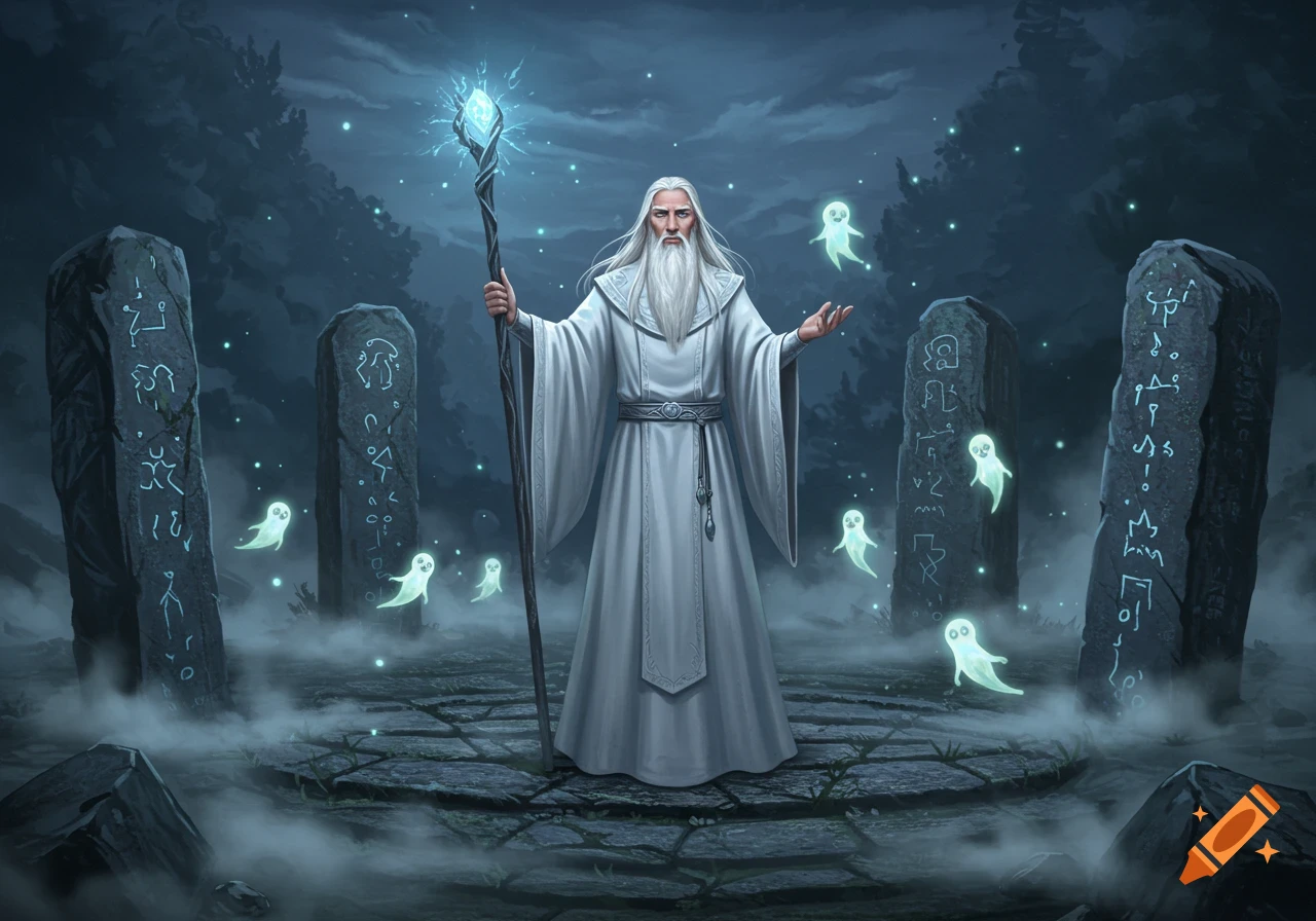 A white-bearded wizard in a white robe holds a glowing staff amidst ancient rune stones and small, friendly ghosts in a misty, dark forest.