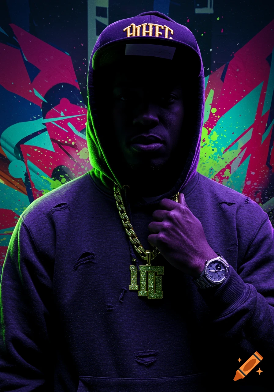 A person in a dark purple hoodie, cap with 'THFT' text, and a thick gold chain with 'JG' pendant, wearing a watch against a vibrant, neon-colored graffiti background.