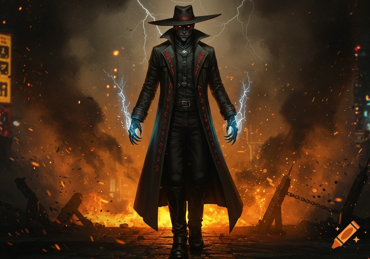 A dark, menacing villain in a trench coat and wide-brimmed hat, with glowing red eyes and electric blue hands, stands amidst fire and lightning.