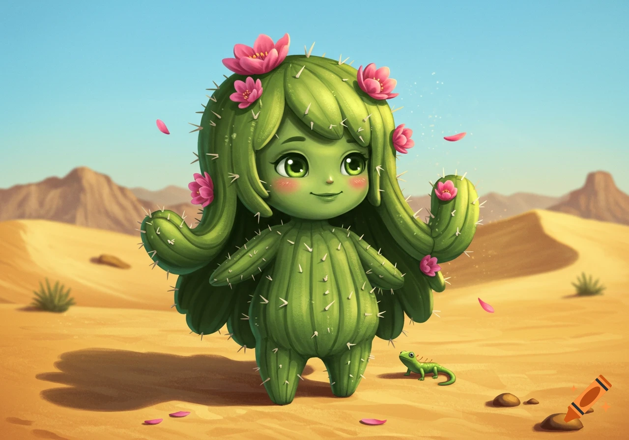 A charming, smiling, green cactus character with pink flowers in its spiky hair stands in a desert with a small lizard; cute illustration.