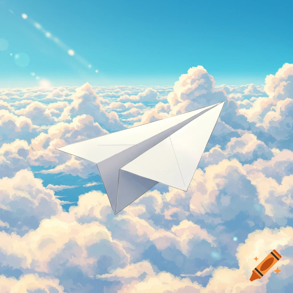 An anime-style illustration of a white paper airplane soaring above a vast expanse of fluffy white and orange clouds under a bright blue sky.