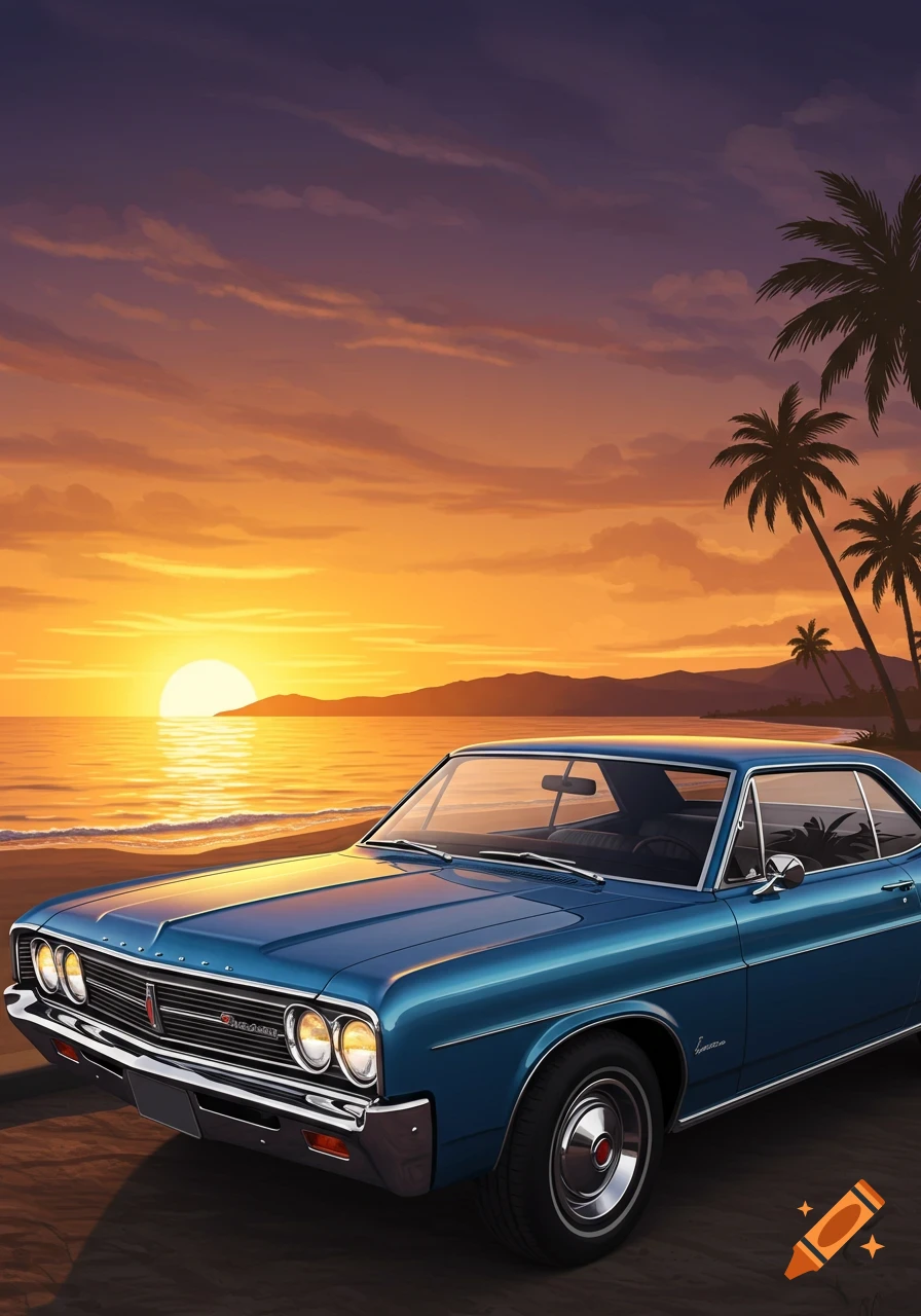 A blue classic car is parked on a sandy beach at sunset, with palm trees silhouetted against the vibrant orange sky.